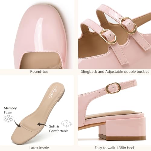 Image of Mostrin Mary Jane Shoes Women Slingback Chunky Low Heels for Women Closed Rounded Toe Ankle Strap Pumps Daily Wedding Party Dress Shoes
