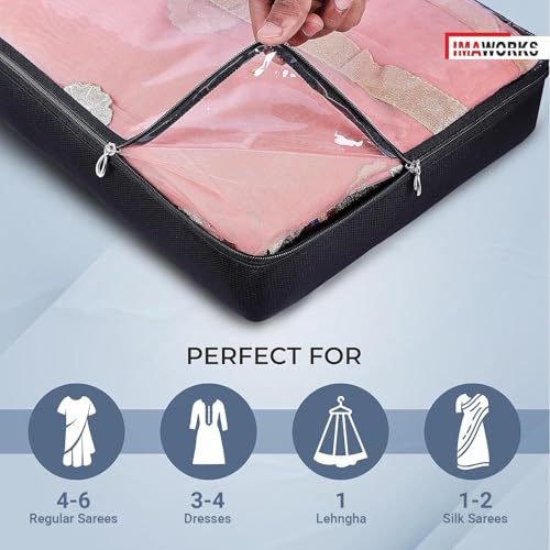 IMAWORKS Fabric Saree Bags/Covers For Storage Set Of-4 Big Size With Zip Closure For Packing Pouches Clothes Bags And Wardrobe Organizer With Transparent Window-Black(4),33 Cm,7.6 Cm