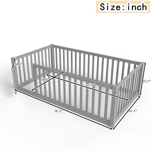 Image of Bellemave Twin Size Kids Montessori Floor Bed with Door,Solid Wood Floor Bed Frame with High Fence for Girls,Boys,Gray