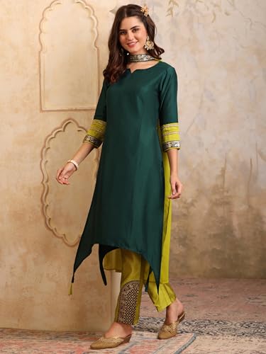 Image of EthnicJunction Women's Cotton Silk Embroidered Asymmetric Kurta Pant with Choker Dupatta Set | Wedding Outfit | Heavy | Kurta Set | Ethnic Set