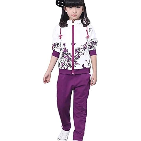 Free Fisher Kids Girls Long Sleeve Tracksuit Jogging Suit 2pcs Outfit & Clothing Set(Hooded Jacket + Trousers/Hoodie Sweatshirt+ Pants) with Floral Pattern/Print,Purple Flower,3-4 Years Cover