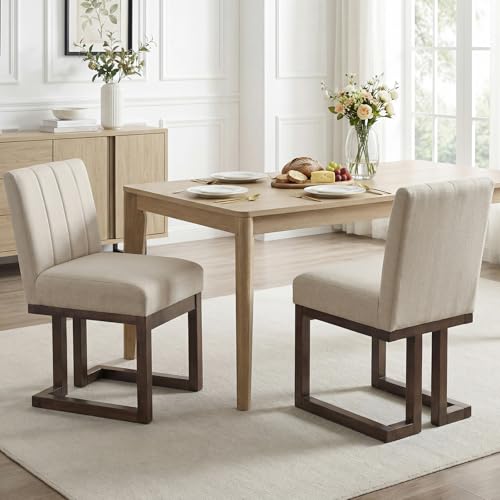 Giantex Wooden Dining Chairs Set of 2, Farmhouse Fabric Upholstered Kitchen Chairs with 5.5" Thickened Padded Seat, Rubber Wood Legs, Armless Dining Room Chairs for Home Restaurant, Walnut