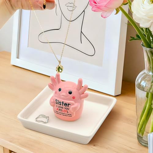 Image of Sister Birthday Gifts for Sister, Pink Ceramic Axolotl Ring Holder Dish | Cute Pink Axolotl Jewlery Tray with 'I love you axolotl' Birthday Christmas Gift for Sister from Brother