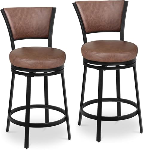 Bar Stools, 25\" Swivel Bar Stools with Back, Counter Height Bar Stools Set of 2, Round Swivel Bar Chairs with Backs, Modern Upholstered Metal Barstools for Kitchen Island, Kitchen Counter, Brown