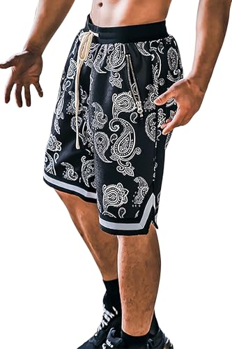 MECH-ENG Mens Paisley Shorts Athletic Casual Workout Gym Basketball Shorts Bandana Drawstring Shorts(Black X-Large)