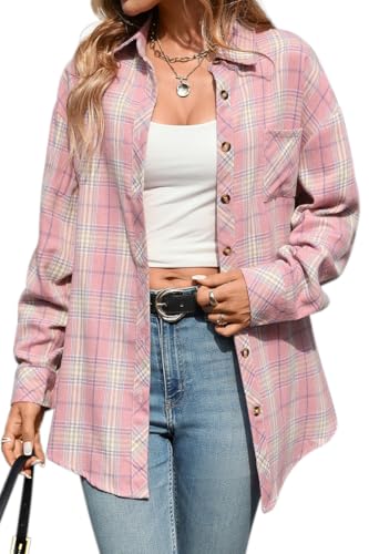 CHYRII Womens Oversized Flannel Shirts Button Down Long Sleeve Plaid Shirt Business Casual Blouse Top Pastel Pink M