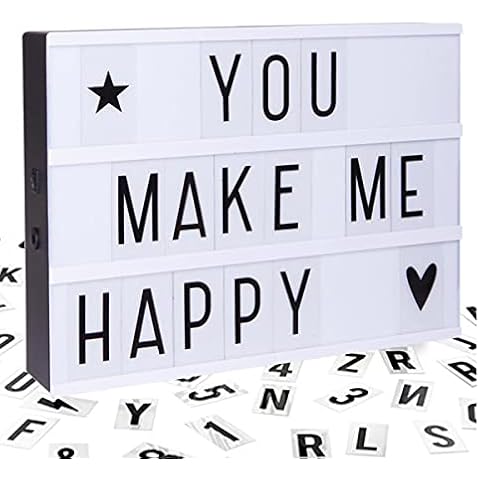 Almineez A4 Cinematic Lightbox Includes 90 Letters & Emoji Symbols | Illuminated Bright LED Light Up Box Sign | Battery Powered | Halloween Xmas Decoration Party Wedding Plaque Shop Cover