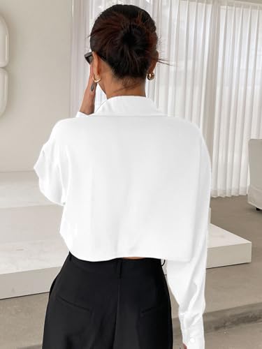 Image of Aahwan Women Polyester Regular Fit White Solid Button Up Drop Shoulder Casual Crop Long Sleeve Shirt