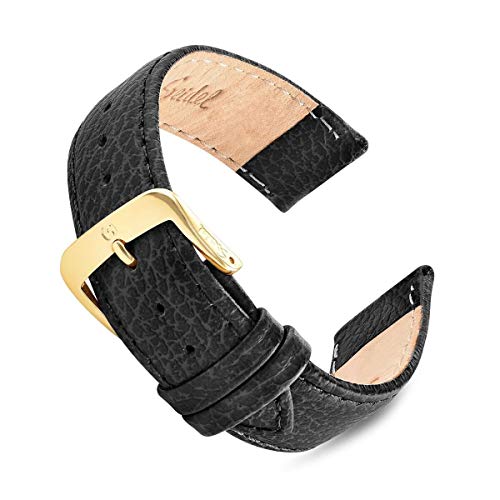 Speidel Leather Watch Band 16mm-20mm Black Cowhide Stitched Replacement Strap with Tone on Tone Stitching, Stainless Steel Metal Buckle Clasp, Watchband (16mm-Long, Black w/Silver Buckle)