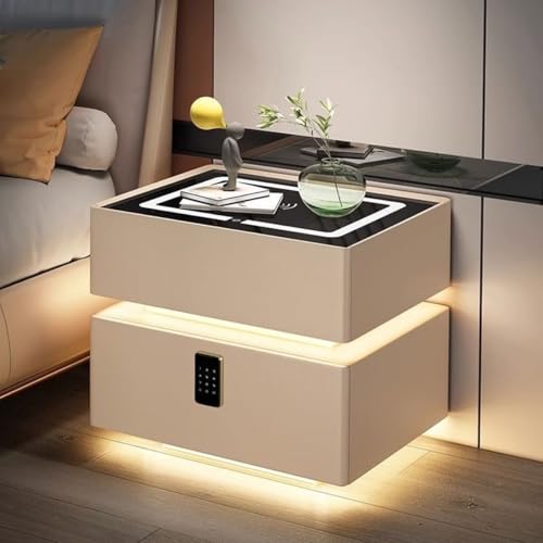 Table de chevet intelligente avec lumière à induction et serrure à mot de passe, table de chevet à deux tiroirs pour chambre à coucher et salon