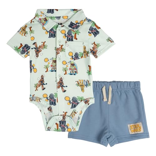 STAR WARS Newborn Baby Boys Hawaiian Button-Down Bodysuit and French Terry Shorts Outfit Set Mint Green/Blue 3-6 Months