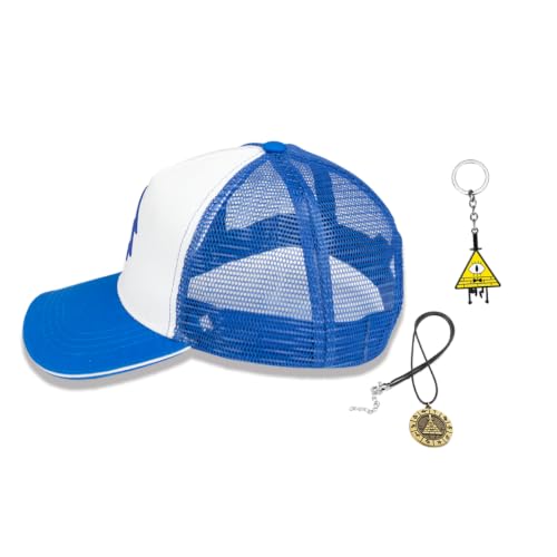 FEIWOBIRD Dipper Hat Adjustable Unisex Embroidered Trucker Baseball Cap with Bill Cipher Necklace and Keychain Blue