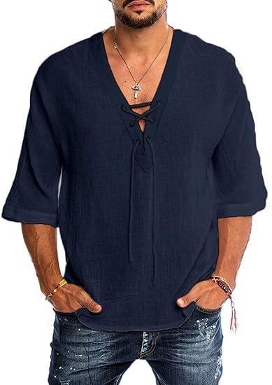 Runcati Leinenhemd Herren Kurzarm Sommerhemd Herren Freizeithemd mit V Ausschnitt Loose Fit Vintage Mittelalter Shirt