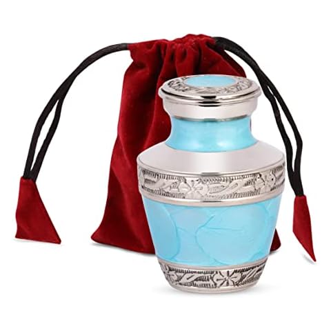 THE ASCENT MEMORIAL Azure Blue Small URNS Adult | Mini Cremation Keepsake URN with Velvet Carry Bag, Funnel and A Beautiful Gift Box | Tiny Sized Funeral URNS for Human Memorial Ashes Cover