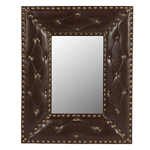 Image of Unique Makeup Mirror Dressing Rectangle Wall Mounted Vanity with Fabric PU Covered MDF Rivet Framed, Rustic Home Decor, Living Room, 21x26inch