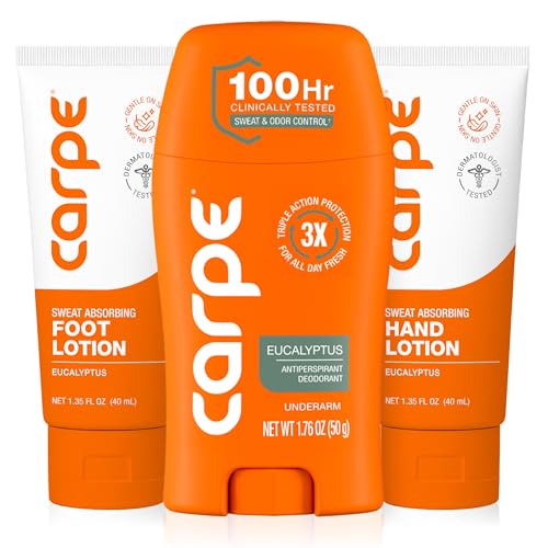 Carpe Head to Toe Bundle - Underarm Antiperspirant Deodorant - Sweat Absorbing Hand Lotion - Sweat Absorbing Foot Lotion - Manage Sweat & Odor for Hands Feet Underarms - Eucalyptus Scent