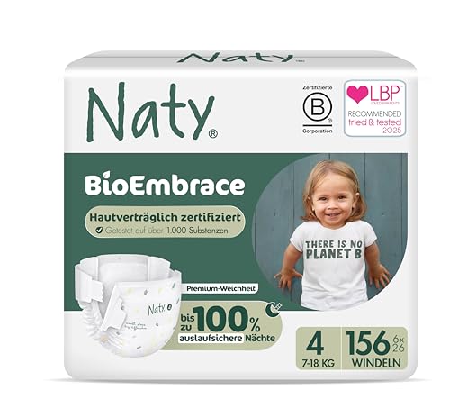 Naty BioEmbrace Baby Windeln | Zertifiziert hautfreundlich für empfindliche Haut | Bis zu 100% Auslaufschutz | Pflanzenbasiert & weicher Premium-Komfort | Chlorfrei| Größe 4 (7–18 kg), 156 Stück