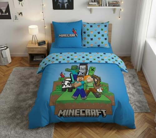 Parure de Lit Double Minecraft Ready to Survive, 2 Personnes, Housse de Couette Réversible 240x220 cm + 2 Taies d'oreiller 63x63 cm