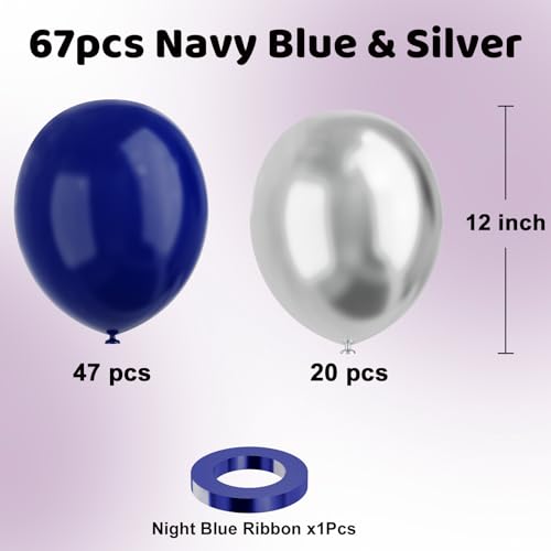 Image of Blue and Silver Balloons, 67pcs 12 Inch Navy Blue and Silver Party Balloons for Birthday, Graduation, Retirement, Anniversary Party Decorations