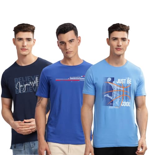 Image of ADRO 100% Cotton Lycra Tshirts for Men Combo Pack of 3 | Regular Fit | Printed T Shirt | Round Neck Half Sleeve| Mens Tshirts