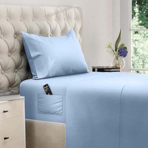 Image of DREAMCARE Twin XL Sheets - 3pc Breathable Cooling Sheets Twin XL Sheet Sets | - up to 21 inch Deep Pocket XL Twin Sheets with Side Pockets - Extra Soft - Double Brushed Hotel Luxury Bed Sheets - Light Blue