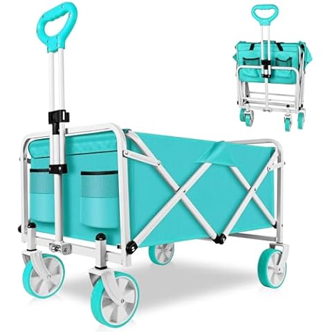 Collapsible Garden Wagon Cart, Large Capacity Beach Cart with All-Terrain Wheels, Heavy Duty Folding Wagon Portable for Shopping, Sports, Camping, Garden, Grocery (Green) Cover