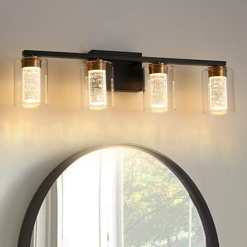 EMONG 4-Light Black&Gold Bathroom Light Fixtures,Dimmable 5CCT LED Vanity Lights with Clear Glass,2700K-6500K Adjustable Crystal Bubble Black Bathroom Vanity Light Over Mirror for Hallway by EMONG - Used condition - US$78.20