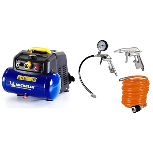 MICHELIN Compresseur d'Air Portatif MBL6 - Cuve 6 Litres - Moteur 1.5 cv - Pression Maximale 8 bar & Einhell Kit d'accessoires - 1 pistolet de soufflage, 1 manomètre de gonflage, 1 tuyau de 5m