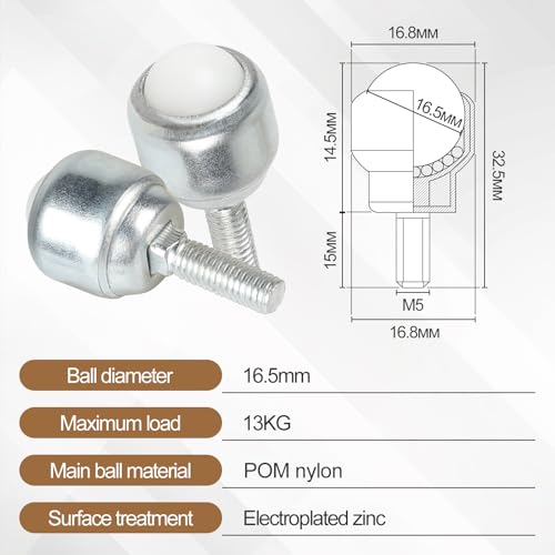 CPROSP 10 Stück Kugelrollen mit M5 Gewindestange 16,5 mm, Kugelrollenlager 360º, Möbelrollen Klein Nylon, Schwenkkugelrollen für Transport von Möbeln, Küchengeräte, Industriemaschinen, Geräuschlos