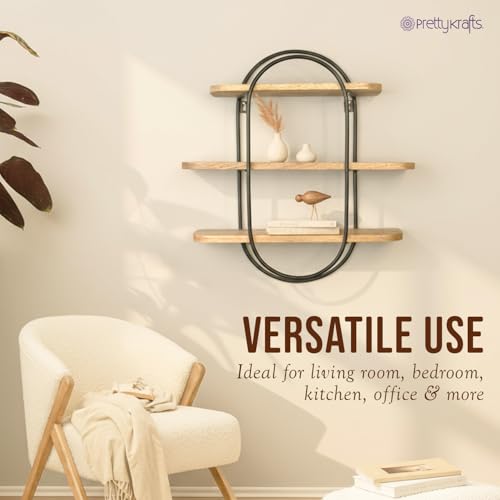 Image of PrettyKrafts 3-Tier Wood and Metal Storage Basket | Shelf Organizer | Multipurpose Storage Basket | Rustic Wooden Wall Storage Rack for Living Room, Bedroom & Kitchen | (55x58x13 cm)