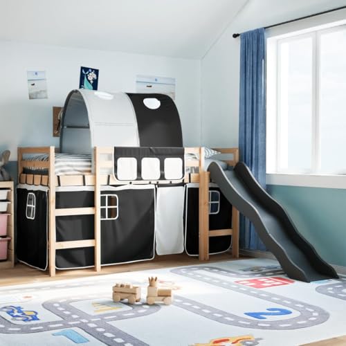 CFODOJ Camas y accesorios, camas y marcos de cama-home-Cama alta para niños con túnel blanco y negro, 80 x 200 cm, madera maciza de pino