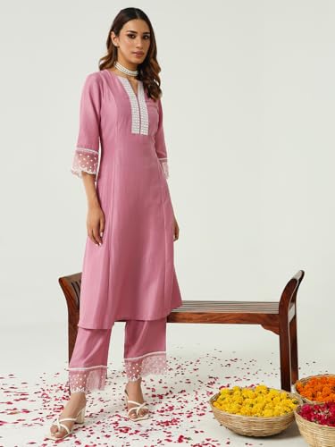 Image of FIORRA Women's Pink Silk Blend Flared Kurta & Palazzo With Dupatta
