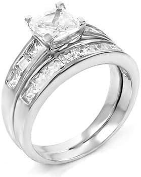 2 pieces Sterling Silver Rhodium Plated Engagement Wedding Ring Set