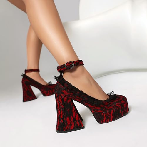 Image of KOKOMOMO Womens Lace Flower Heels Goth Platform Shoes Chunky High Heel Mary Janes Gothic Shoe
