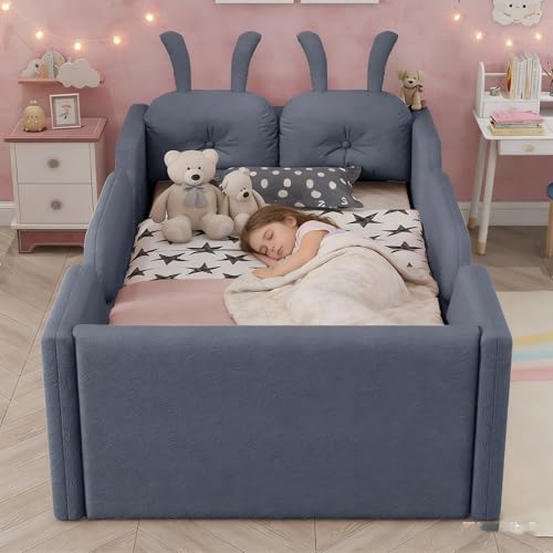 Image of Twin Size Kids Floor Bed Frame, Upholstered Montessori Platform Bed W /Removable Rails Cute Daybed Frame for Girls Boys, No Box Spring Required,Grey