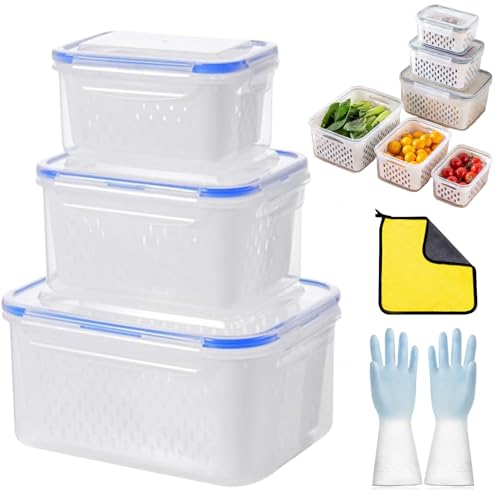 2026 4 in 1 Food Storage Container, Household Transparent Plastic Food Storage Box-Including Drain Basket, Multipurpose Fruit Containers for Fridge with Removable Colander and Lids (Blue, S+M+L)