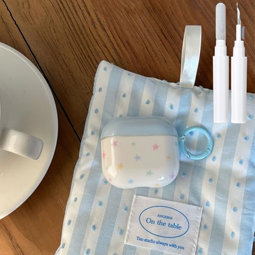 Fycyko Compatible for Airpods 4 Case with Cleaner Kit Cute Star Graffiti Printing Clear Aesthetics Design Shockproof Keychain for Girls Women Protector Cover-White