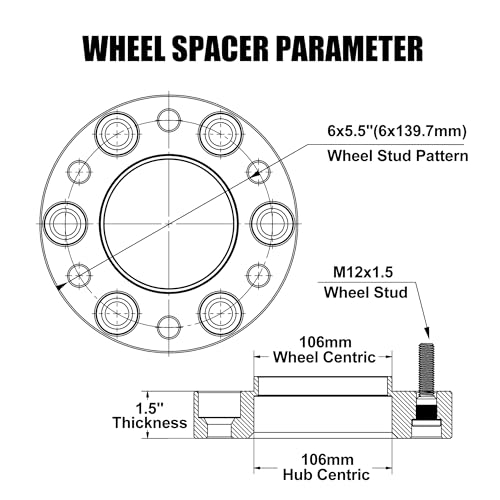 Image of 6x5.5 Hubcentric Wheel Spacers for 1995-2023 Tacoma 1989-2024 4Runner with ET Lug Nuts, 1.5 inch 6x139.7 Forged Spacer with 12x1.5 Studs & 106mm Hub Bore Tundra FJ Cruise Fortuner Sequoia GX460 GX470