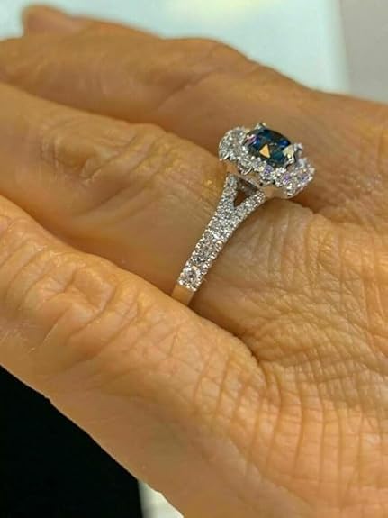 Purvika Jewels 2.00 Carat Round Cut Lab Created Blue Diamond Halo Engagement Ring, 925 Sterling Silver, 14K White Gold Finish