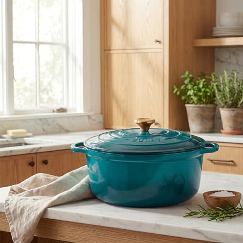 Image of Zulay Kitchen 5 Quart Enameled Cast Iron Dutch Oven Pot with Lid - Premium Durability & Oven Safe up to 500F - Heavy Duty Cookware Perfect for Bread Baking, Stews, Braising & Roasting - Emerald