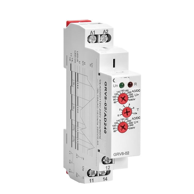 Voltage Relay Adjustable Over Voltage Under Voltage Relay AC 110V 240V DC12V Voltage Regulator 1Pcs(GRV8-02,ACDC110-240V)