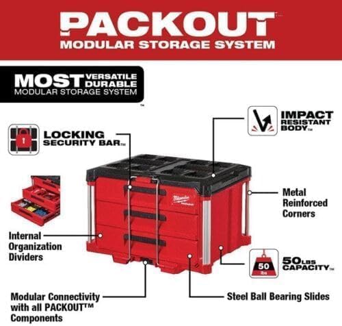 Tool Box Fit For Milwaukee 48-22-8443 PACKOUT 3 Drawer Durable Tool Box w/ 50lbs Capacity,Red, Black,Interior Organizer Tray, Assembly Required, Stackable, Lockable