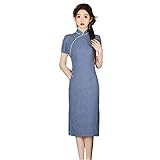 JYHBHMZG Women's Summer Cotton-Linen Jacquard Double-Layer Slim Fit Cheongsam Blue M