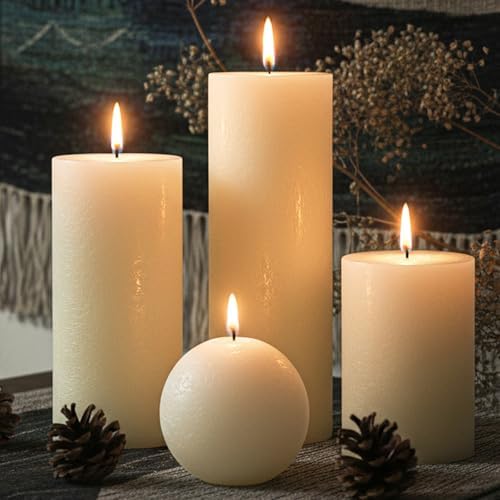 Ivory Rustic Textured Pillar Candles Set - 4 Pcs Assorted Sizes U...