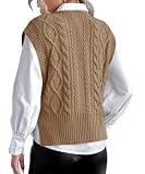 Tongmingyun Pullunder damski sweter bez rękawów, dekolt w serek, dzianinowy, jednokolorowy, do biznesu, na czas wolny, sweter, kamizelka, damska, khaki, M