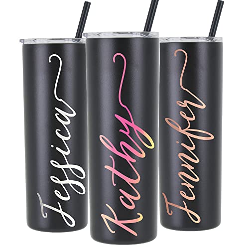 Personalized 20 oz Stainless Steel Skinny Tumbler with Metallic Chrome Custom Vinyl Decal by Avito - Includes Straw and Lid - Bridesmaid, Bachelorette, Bridal Party Gifts