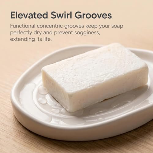 Image of Ceramic Soap Dish with Swirl Grooves, Easy to Clean Soap Holder, Soap Saver Tray for Bathroom, Kitchen & Shower (White)