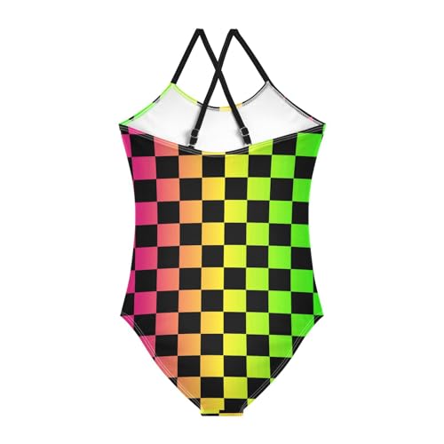 Image of Black and White Chess Girls One Piece Swimsuits Board Marble Tile Sport Halter Swimwear Beach Bathing Suit 3T