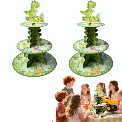 2PCS 3 Tier Dinosaur Cupcake Stand,Dino Cupcake Stand Cardboard – Easy to Assemble& Reusable(1Dinosaur)