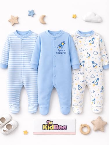 Image of Kidbee Baby Boys & Girls Full Sleeves Cotton Footed Romper Sleepsuit Pack of 3